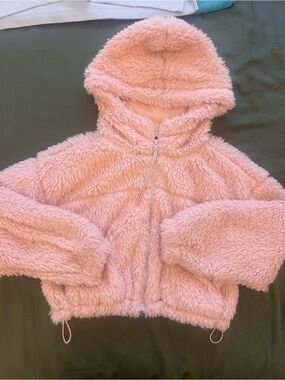 BDG Plush Hooded Puffer Jacket in Light Pink